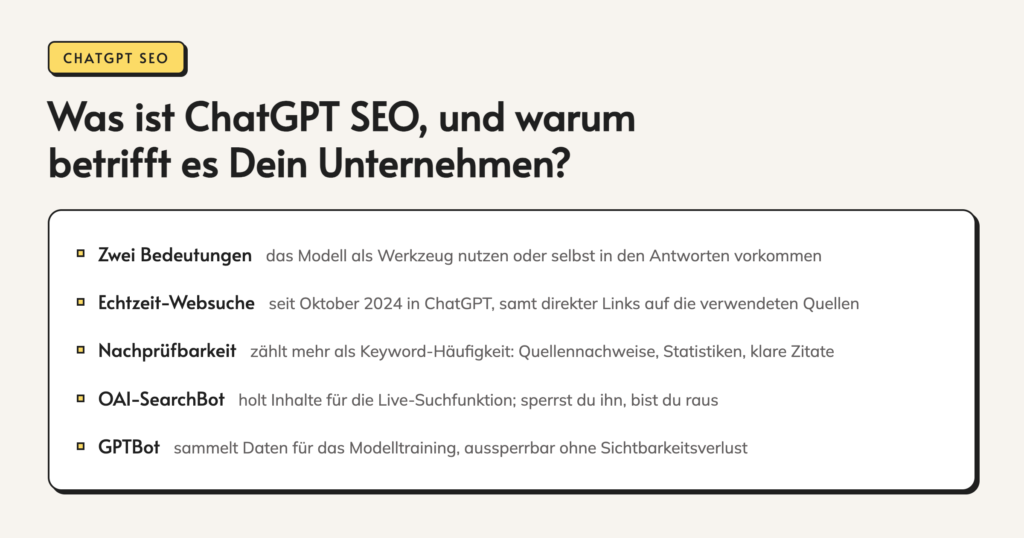 Infografik: Was ist ChatGPT SEO, und warum betrifft es Dein Unternehmen? Zwei Bedeutungen. das Modell als Werkzeug nutzen oder selbst in den Antworten vorkommen. Echtzeit-Websuche. seit Oktober 2024 in ChatGPT, samt direkter Links auf die verwendeten Quellen. Nachprüfbarkeit.