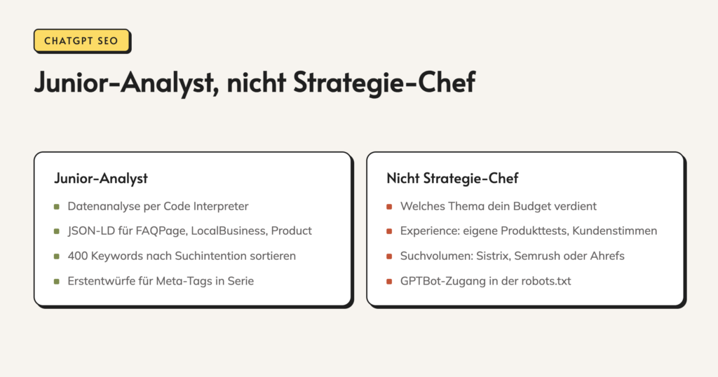 Infografik: Junior-Analyst, nicht Strategie-Chef. Junior-Analyst. Datenanalyse per Code Interpreter. JSON-LD für FAQPage, LocalBusiness, Product. 400 Keywords nach Suchintention sortieren. Erstentwürfe für Meta-Tags in Serie. Nicht Strategie-Chef. Welches Thema dein Budget verdient.