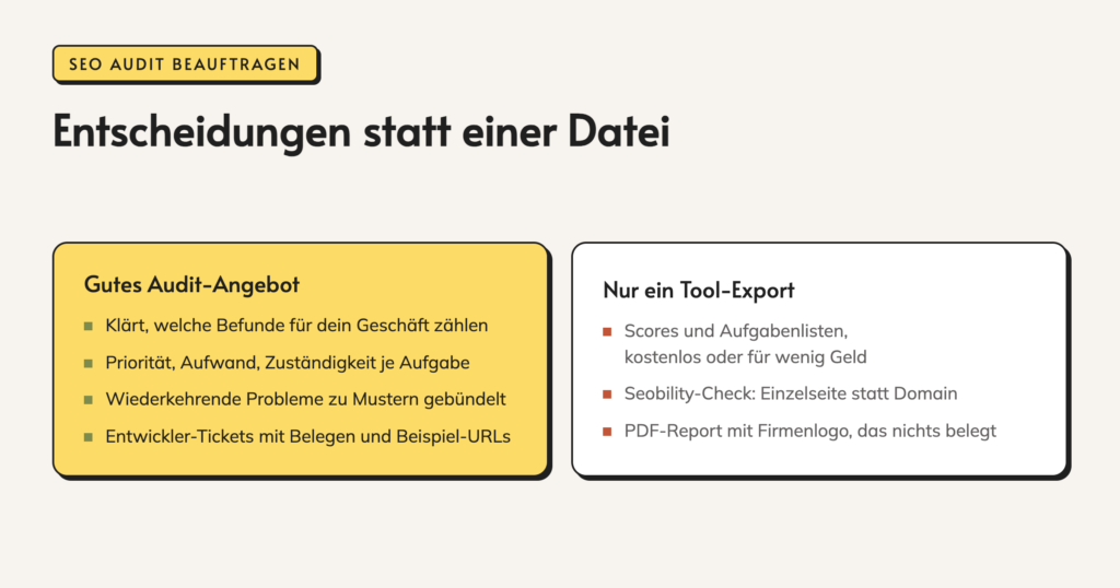 Infografik: Entscheidungen statt einer Datei. Ein gutes Audit-Angebot klärt, welche Befunde für dein Geschäft zählen, und nennt Priorität, Aufwand und Zuständigkeit je Aufgabe. Ein reiner Tool-Export liefert Scores und Aufgabenlisten, die es kostenlos gibt.