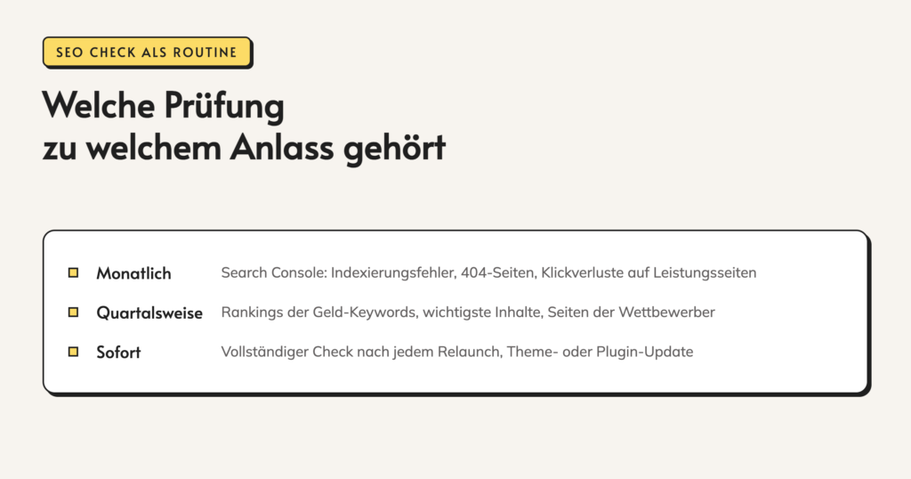 Infografik: Welche Prüfung zu welchem Anlass gehört. Monatlich die Search Console auf Indexierungsfehler, 404-Seiten und Klickverluste prüfen, quartalsweise Rankings, Inhalte und Wettbewerber, sofort nach jedem Relaunch, Theme- oder Plugin-Update.
